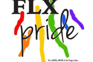 FLX Pride logo with black "FLX pride" text over vertical rainbow stripes and "The [LGBTQ] CENTER of the Finger Lakes".