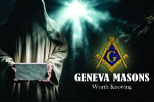 Hooded, robed figure holding a gray stone block, illuminated by light from above in a dark setting, with the Geneva Masons logo.