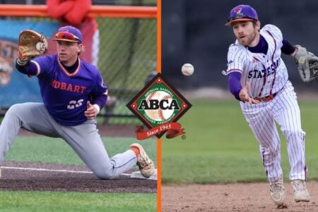 Two Hobart Statesmen baseball players on a field, one catching and one throwing, divided by an ABCA logo.