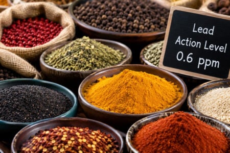 Bowls and sacks of various spices, with a sign displaying "Lead Action Level 0.6 ppm.