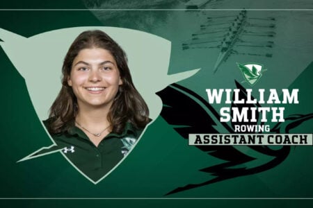 Smiling William Smith Rowing Assistant Coach in a graphic with a crew team rowing on water.