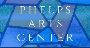 White text "PHELPS ARTS CENTER" on a blue, green, and purple stained-glass mosaic background.
