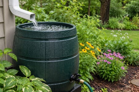 Dark green rain barrel filling with water from a house downspout in a vibrant garden.