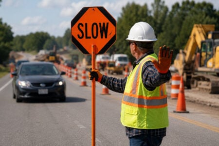 Construction worker with hard hat, "SLOW" sign, and stop hand signal directs traffic in a road work zone.