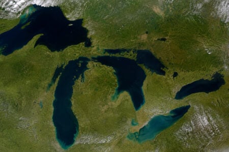 Satellite view of the Great Lakes region, showing all five lakes and surrounding landmasses.