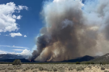Wildfire with visible flames and an immense column of dark smoke billows over a dry, brushy landscape and distant mountains.