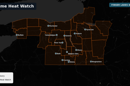 Weather alert map showing Heat Advisory and Extreme Heat Watch areas across the Finger Lakes region with radar overlay