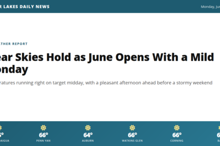 Weather forecast for the Finger Lakes: Clear Skies Hold as June Opens With a Mild Monday