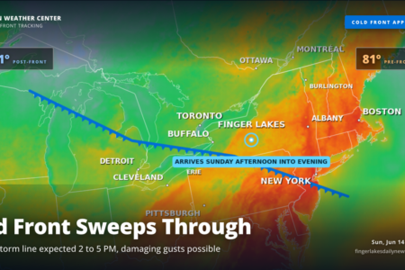 Weather forecast for the Finger Lakes: Storms likely this afternoon, much cooler air arrives Monday
