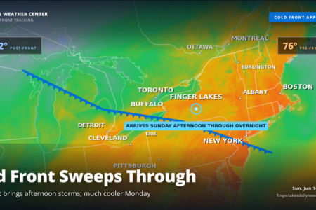 Weather forecast for the Finger Lakes: Cold Front Brings Storms Today, Much Cooler Monday Ahead