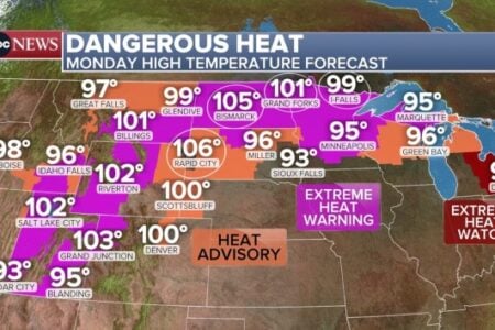 Dangerous heat forecast map for Monday showing 100+° temperatures and heat warnings across the central US.