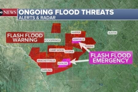 ABC News weather map shows ongoing flash flood warnings and emergencies across central and southwest Texas.