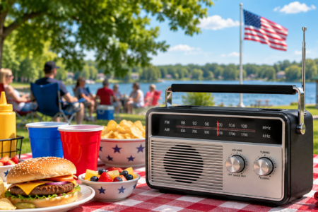 Lakeside picnic with a cheeseburger, radio, and flag, as people gather in the sunny Finger Lakes region.