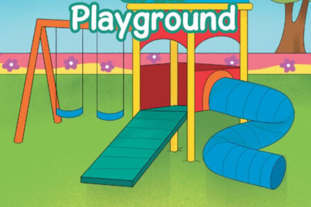 Illustrated book cover for 'BULLY on the Playground' showing a colorful playground with swings, a slide, and a tunnel.