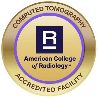 Gold seal for American College of Radiology Computed Tomography Accredited Facility, with a blue square "R" logo.