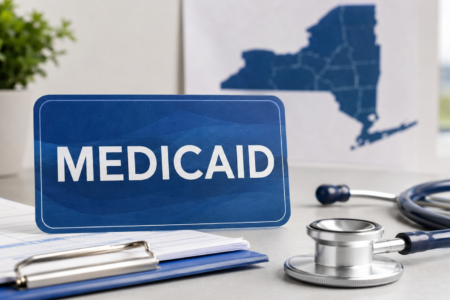 A blue "MEDICAID" sign on a desk with a stethoscope and a map of New York State.