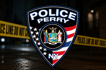 Perry Police Department shield, featuring the NY State Seal, over a dark, wet scene with "POLICE LINE DO NOT CROSS" tape.