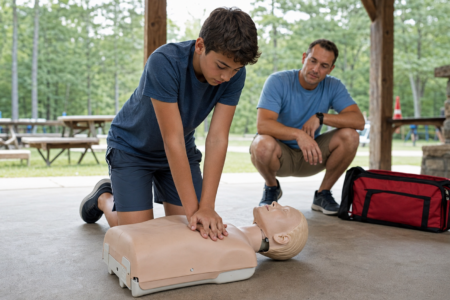 Teen boy practices CPR on a training dummy, observed by a man, under an outdoor pavilion.