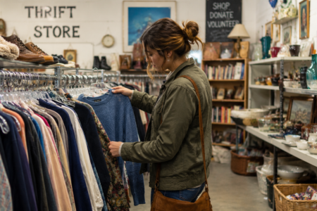 A young woman examines a blue sweater from a clothing rack in a thrift store.