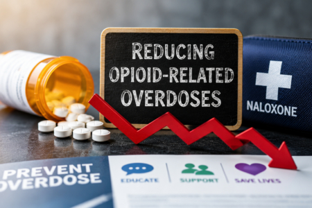 Blackboard sign "REDUCING OPIOID-RELATED OVERDOSES" flanked by spilled pills, a Naloxone kit, and a red downward arrow.