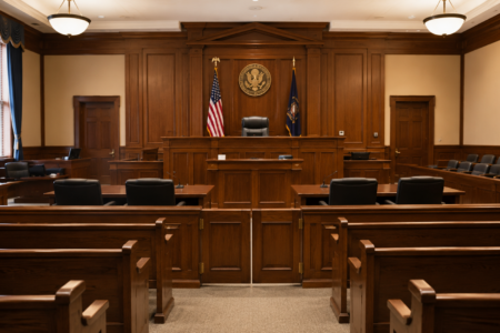 Empty courtroom with dark wood paneling, a judge's bench featuring the US Seal, and US and state flags.