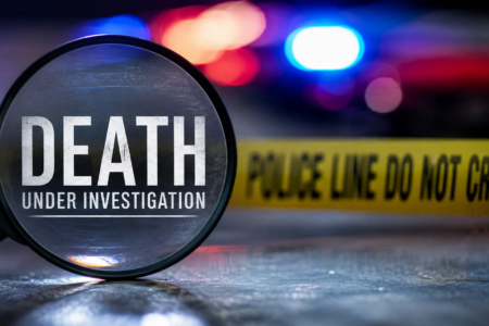 Magnifying glass over "DEATH UNDER INVESTIGATION," with police lights and yellow "POLICE LINE DO NOT CROSS" tape.