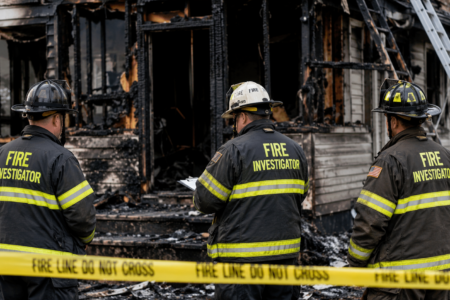 Three fire investigators examine a charred house behind "Fire Line Do Not Cross" tape.