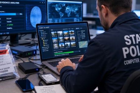 NYS Police Computer Crimes officer analyzes digital evidence on a laptop, surrounded by evidence bags, hard drives, and forensic monitors.