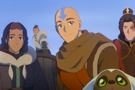 Animated Aang, Katara, Zuko, Sokka, and Momo aboard a ship. Aang smiles, Katara looks worried.