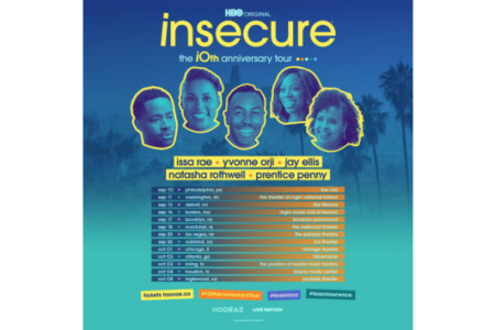 Blue and green promotional poster for HBO's Insecure 10th Anniversary Tour featuring five cast members and tour dates.