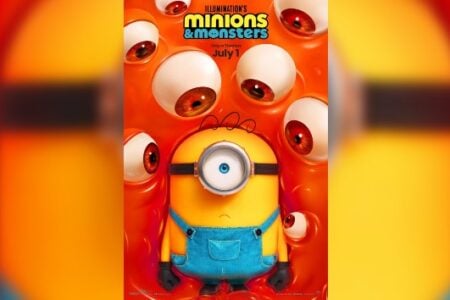 A one-eyed Minion in blue overalls is submerged in orange goo, surrounded by many red-veined eyeballs. Title: Minions & Monsters.