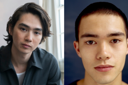 Side-by-side portraits of a young man looking at camera: long hair in light room, then buzz cut against blue.