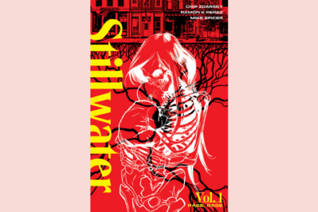 Stillwater Vol. 1 comic cover featuring a white skeleton with long hair intertwined with bare tree roots on a red background.