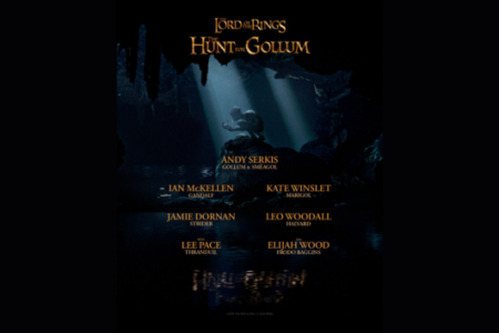 Lord of the Rings: The Hunt for Gollum poster with Gollum hunched on a rock in a dark, water-filled cave, lit by a light ray.