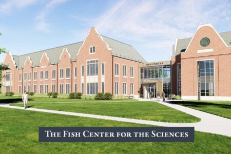 Architectural rendering of The Fish Center for the Sciences, a brick building with a modern glass entrance, with people on campus paths.