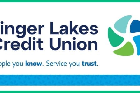 Finger Lakes Credit Union logo with dark blue text, a colorful pinwheel graphic, and slogan "People you know. Service you trust.