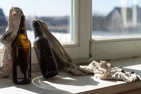 Two dark bottles with rags in their necks and a crumpled rag sit on a sunny windowsill overlooking a blurred scene.