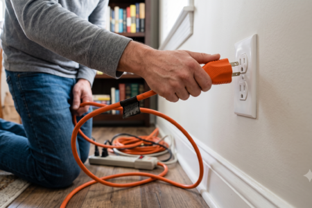 Man kneeling on wooden floor, plugging orange extension cord into white wall outlet.