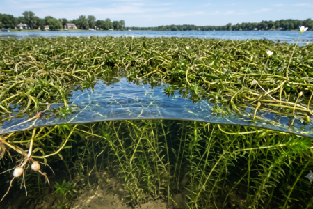 Dense Eurasian watermilfoil with white flowers, shown in a split view above and below a lake's surface, with distant homes.