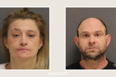 Mugshots of a woman with light hair and a balding man with a beard, both looking forward.