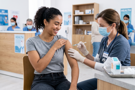 A masked nurse gives an injection to a smiling young woman at a busy vaccination clinic.