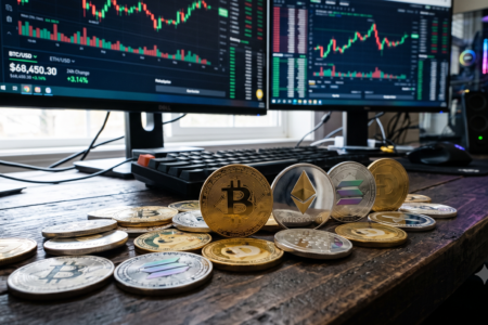 Physical cryptocurrency coins on a wooden desk with monitors showing live trading charts in the background.