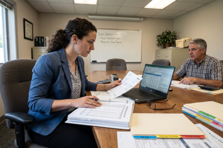 Woman in blue blazer leads audit review with man in office conference room.