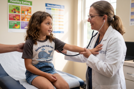 A pediatrician listens to a child wearing a Keuka Lake Kids Park shirt with a stethoscope in an exam room.