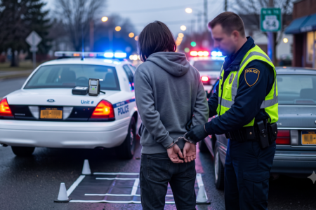 Police officer handcuffs an individual on a New York street at dusk, with flashing lights, a breathalyzer, and a sobriety test mat.