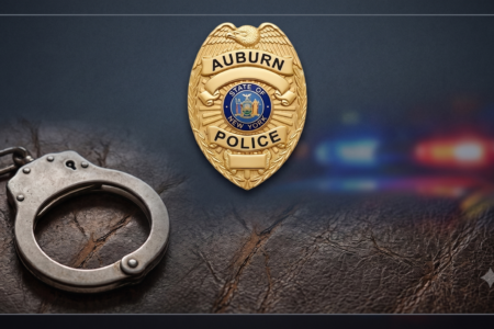 Auburn NY Police badge and silver handcuffs on a dark textured surface, with blurred blue and red lights.
