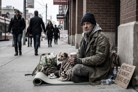 Homeless man and dog sit on a city sidewalk, holding coffee, beside a "Homeless & Hungry" sign as people walk past.