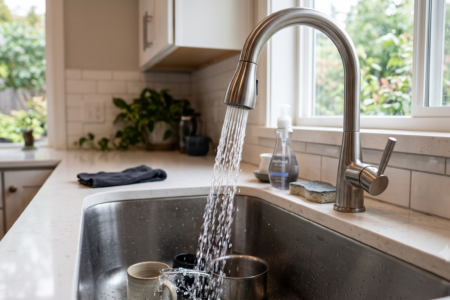 Water flows from a modern kitchen faucet into a stainless steel sink containing dishes.