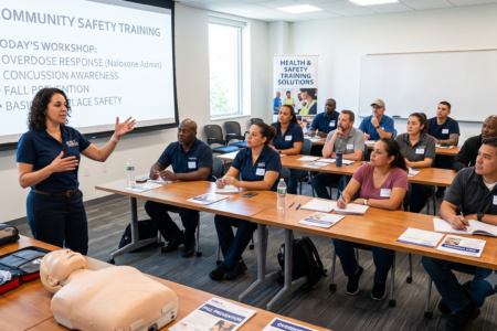 An FLX Valley instructor leads a diverse group in a community safety training workshop, including overdose response.