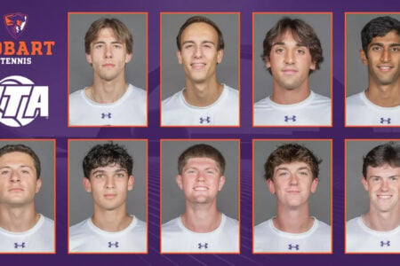 Nine Hobart Tennis team members in headshots, recognized by ITA for academic achievement.